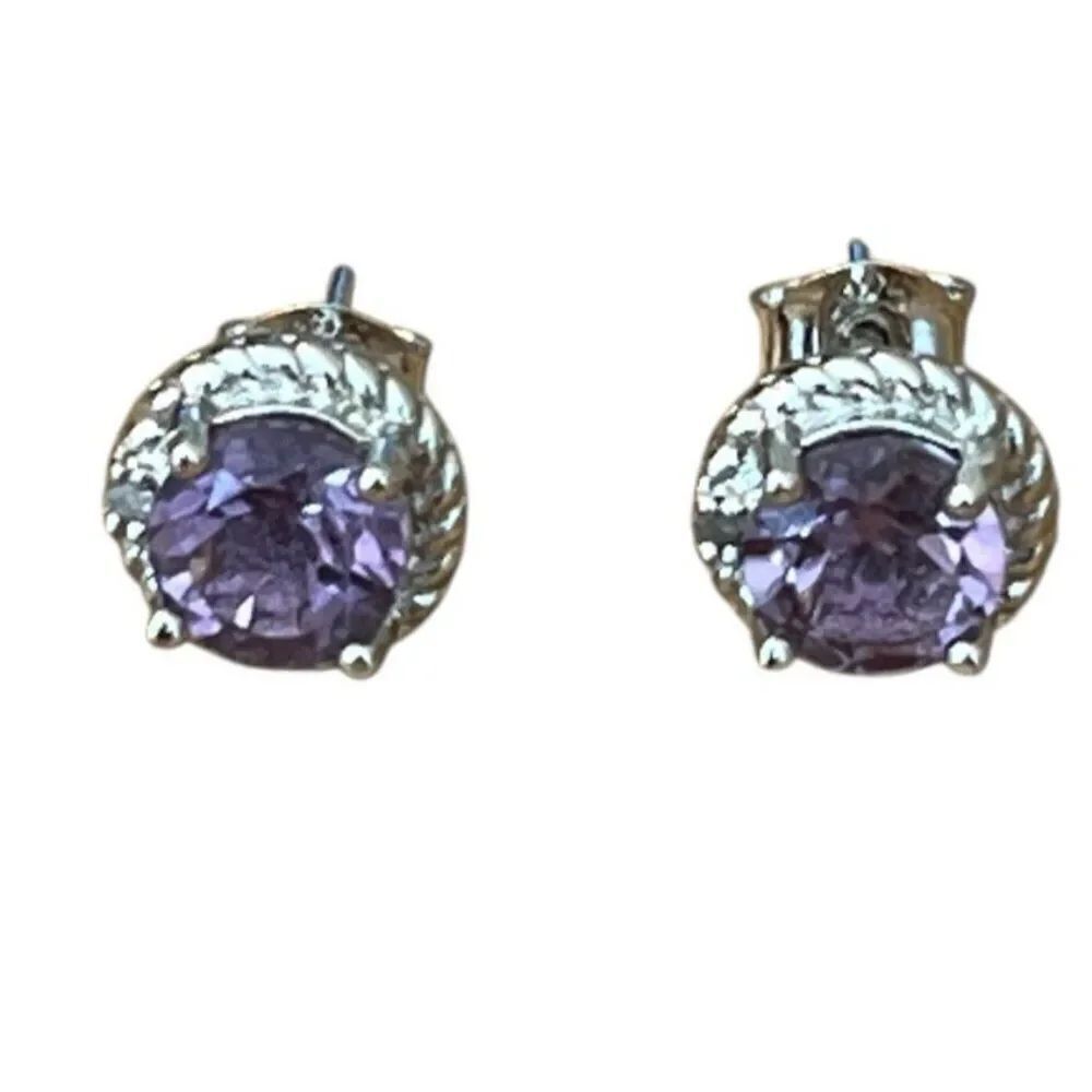Sterling Silver Amethyst Diamond Round Stud Earrings 925 Genuine Gemstone DBJ